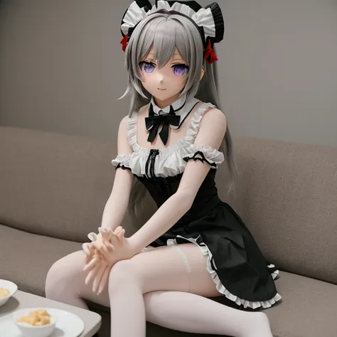 (kigurumi), maid, victorian maid dress, black dress, white apron, frilled headdress, sitting on couch, beautiful victorian manor...