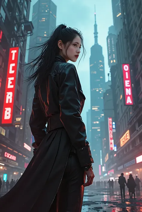 1 woman , background futuristic city, cyberpunk, violence, decadence, futuristic society, ocean