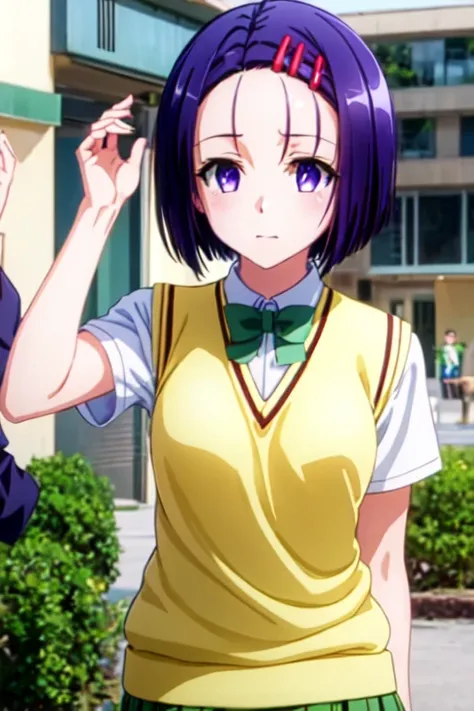 Haruna Sairenji, girl、一人のgirl、Hair Accessories, Hair Clip, (Purple eyes:1.1), Purple Hair, short hair, Swept-apart bangs, (forehead:1.2), green skirt, Check pattern, Check pattern skirt, sainan high School Uniform, School Uniform, skirt, Sweater vest, (Yel...