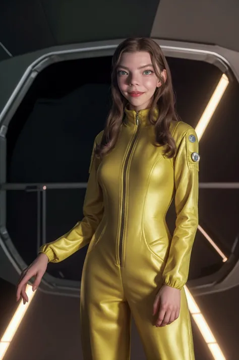 Anya Taylor Joy actress, On a spaceship, Flirting, smiles, High resolution, 80&#39;Urop, looks at the viewer, The heroine is dressed in a jumpsuit that looks like a spacesuit, Calm pose, 