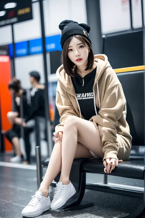 (8k、RAW Photos、Highest quality、masterpiece:1.2)、(Genuine、Realistic:1.4), Trendy young woman sitting on a chair in an airport waiting lounge。She wore a beige oversized hoodie and black leggings.、Im wearing white sneakers。Wearing a black beanie on his head、A...