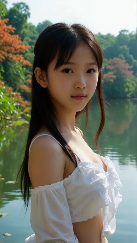 prettiest asian ((teen)) girl, the cutest girl, sweet girl on the mythical lake, age 10 with perfect budding breast, relaxing, p...