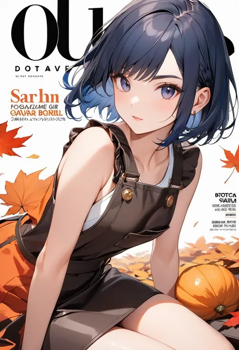 (masterpiece, best quality),(fashion magazine cover:1.2),super model girl,wearing BOTTEGA VENETAs ovaralls,autumn fashion,pose,simple white background,(girl,16yo,(darkblue hair, wavy-short hair),bold eyebrows,middle small breasts),