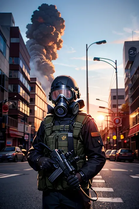 Spec op marine uniform black, gas mask, City destroyed background