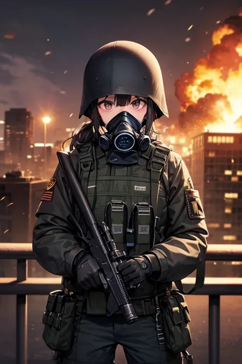 Spec op marine uniform black, gas mask, City destroyed background