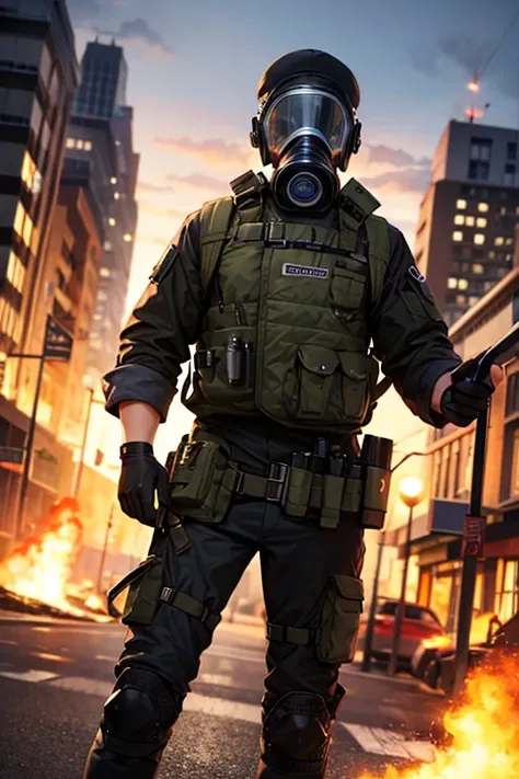 Spec op marine uniform black, gas mask, City destroyed background