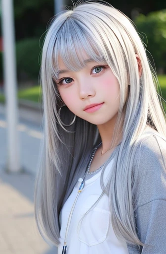 Pure white skin、Silver hair、bangs、Shadow on the eye、Asian、Beauty、High image quality、cute、Girl、Junior high school students