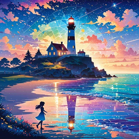 Flat illustration, 2D art, lighthouse shadow art, shadow picture, (lighthouse), shadow art (by Seiji Fujishiro). Lighthouse and ground made of shadows, windows made of colorful stained glass-like, Iridescent light is emitted from the lighthouse, with light...