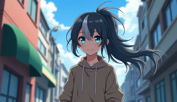 One girl, Long Hair, blue eyes, ponytail, Gray Hair,Anime illustration,Background Street,one piece,whole body