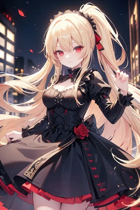 , long blonde hair, red eyes, pony, (black gothic dress), (night in the city park),Smile,High Resolution, Best Quality, Detail, High Details, HD, 