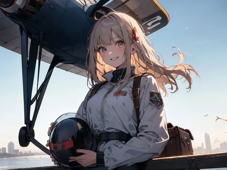 masterpiece, Best Quality, High resolution, One Girl,1930s、Biplane on background、Pilot Suit、 Alone, Girls with bangs、Young woman、18 years old、Long Hair、smile