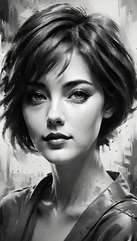 masterpiece, best composition, best quality, perfect as wallpaper for your phone, black and white photo of woman with short hair...