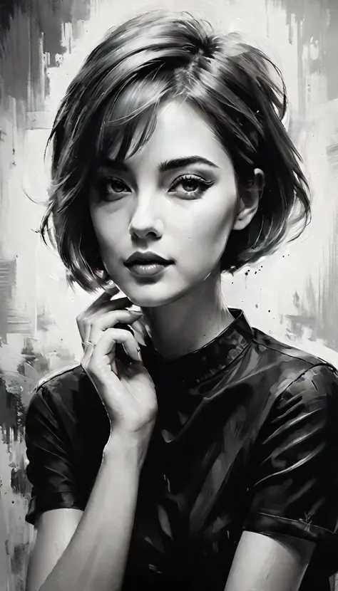 masterpiece, best composition, best quality, perfect as wallpaper for your phone, black and white photo of woman with short hair...