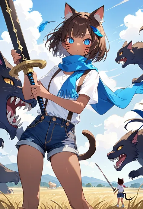 Best Quality、4K、Ultra HD、Young girl、Brown Skin、Cat ears and tail、Three red cat whiskers on cheek、Blue Eyes、Dark brown hair、A single blue feather hair ornament、Straight Short Hair, White shirt with blue scarf、And brown suspenders, Denim shorts, White sneake...