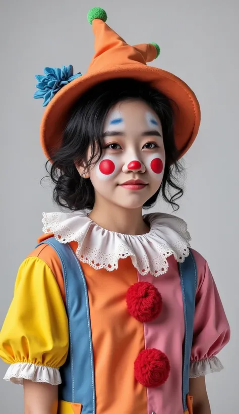 NFFSW,NFFSW,8K, Best quality, masterpiece, Highly detailed, Studio lighting, Physically-based rendering, 1girl in, Solo,
jocker. Colorful, Clown hat and flowers, Clown costume, mitts, The heart is drawn on the face, dark gold hair,(Sad), White face, Wavy h...