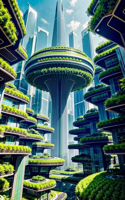 A futuristic city where greenery coexists。