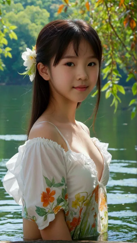 prettiest asian ((teen)) girl, the cutest girl, sweet girl on the mythical lake, age 10 with perfect budding breast, relaxing, p...