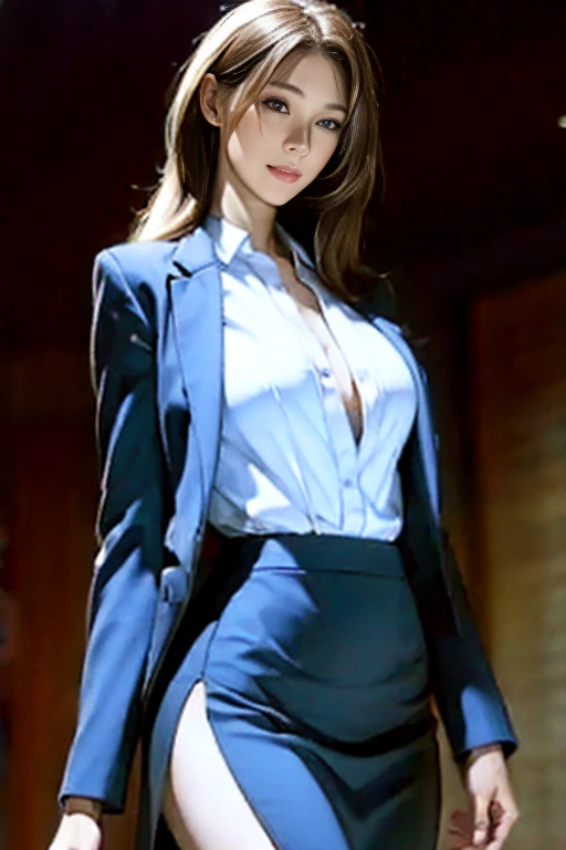 Best Quality, Realistic, Super detailed, finely, High resolution, 8K wallpaper, One beautiful woman,, Light brown messy hair, Wearing a business suit,Wear a slit skirt、 Sharp focus, Perfect dynamic composition, finelyて美しい目, Thin Hair, Detailed and Realisti...