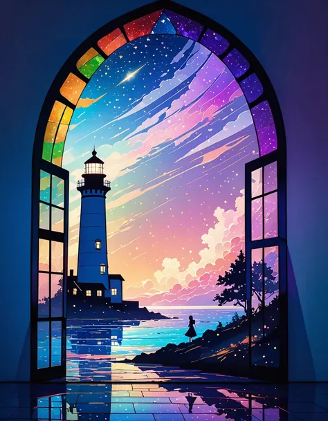 2D art, shadow art, shadow picture, lighthouse shadow art. Lighthouse and ground made of shadows, windows made of colorful cellophane, Iridescent light is emitted from the lighthouse, with light particles, Black purple blue light blue gradient background, ...