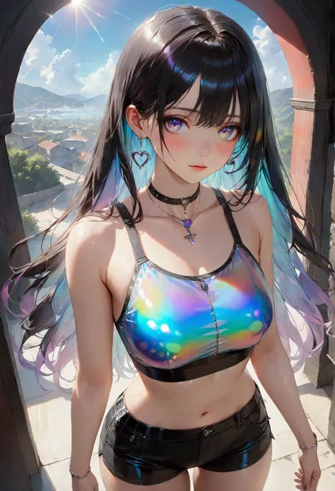 Long smooth straight black hair, inner dark iridescent hair,iridescent eyes,standing in shorts and croptop,looking at viewer. masterpiece, super detail, best quality, 8k,realistic