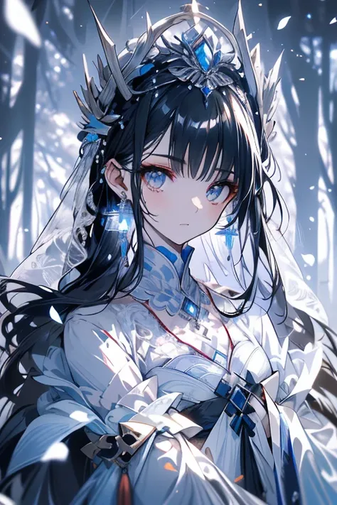 Exquisite facial features，A woman in a western style white wedding dress，Hollow Eyes，Delicate headpiece and silver earrings，Long black hair，Light snow is falling，Tree Branch，Forest Background，Adorable、Together Black Dragon