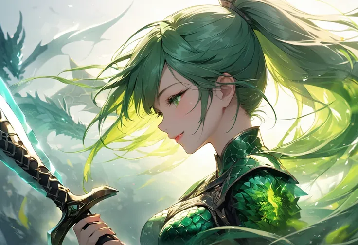 panoramic, (beautiful and delicate), ((battle style)) (15 yo, medium tits, a beautiful ponytail delicate green hair long hair) (beautiful makeup face and sexy smile, glossy lip) (best beauty Dragon Knight girl) is (hand holding a detailed biggest delicate ...