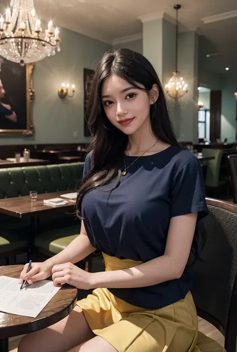 The image is a woman sitting at a table in a cafe or restaurant. She is smiling and looking directly at the camera. She has long dark hair that is styled in loose waves and is wearing a navy blue blouse with a yellow skirt. The background is blurred, but i...