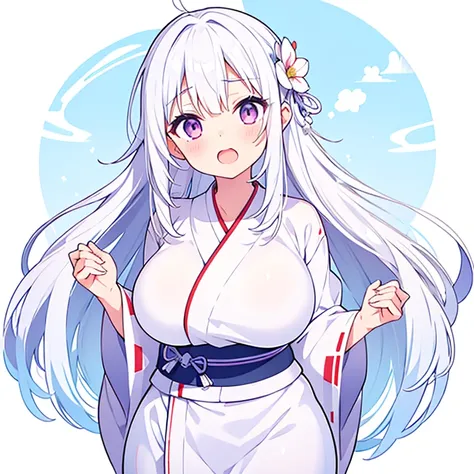 (Pure white background)、yukata、Large Breasts、Mouth open、tachi-e、Standing still、Hands behind back、Long white hair、Visible eye highlights