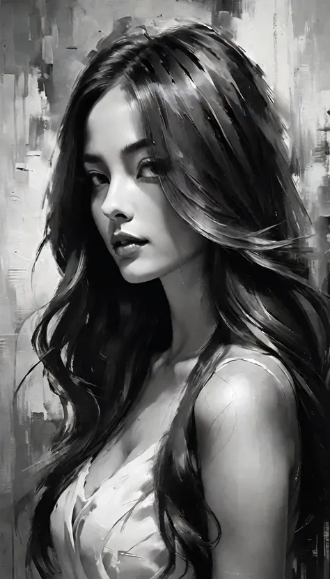 masterpiece, best composition, best quality, perfect as wallpaper for your phone, black and white portrait of a woman with long ...