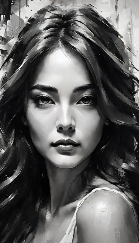 masterpiece, best composition, best quality, perfect as wallpaper for your phone, black and white portrait of a woman with long ...