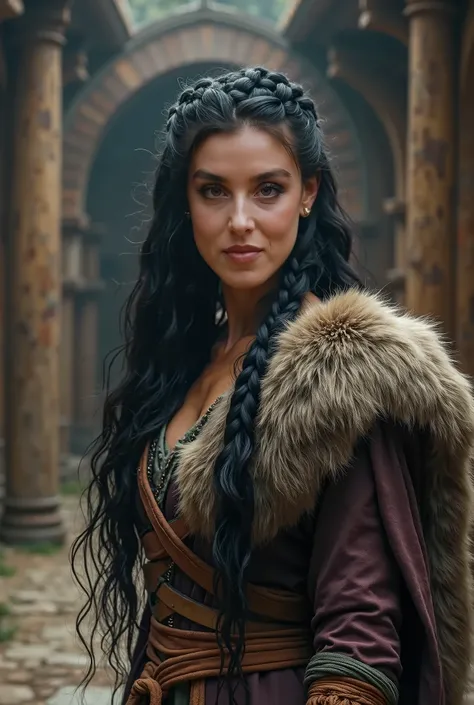 white skin, very beautiful, slim waist, big breasts, elegant and mature face, intense gaze, serious expression, intense and detailed long hair, wavy hair, black hair, hair tied in an intricate braid, viking outfit made of cloth and fur, stands in a viking ...