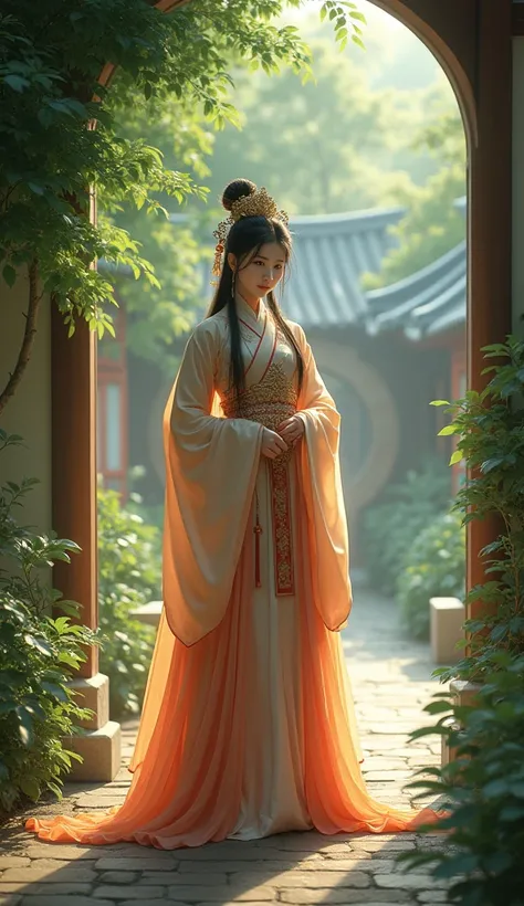 （masterpiece:1.3),(best quality:1.4),(actual:1a.4）,fantasy novel style,summer,Ancient Sanheyuan,garden,corridor,A Chinese woman,Bangs, long hair, headgear, Big breasts,Wearing a Tang style chest-length skirt,Embroidered Hanfu,