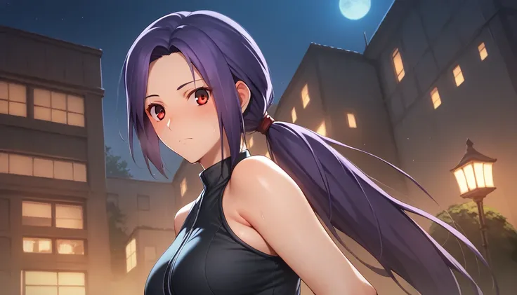 Score_9, Score_8_up, Score_7_up, One Girl, Hirokazu Koyama ,Sweaty,sexy,Pixel Perfect,Large Breasts,Anatomically correct, Masterpiece Highly detailed,8k,indoor,(Fits your body,Rider Suit,Sleeveless,Thin fabric),, Red eyes, ( Long Hair, Purple Hair, Parted ...