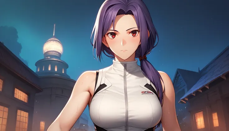 Score_9, Score_8_up, Score_7_up, One Girl, Hirokazu Koyama ,Sweaty,sexy,Pixel Perfect,Large Breasts,Anatomically correct, Masterpiece Highly detailed,8k,indoor,(Fits your body,Rider Suit,Sleeveless,Thin fabric),, Red eyes, ( Long Hair, Purple Hair, Parted ...