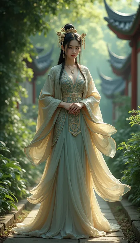 （masterpiece:1.3),(best quality:1.4),(actual:1a.4）,fantasy novel style,summer,Ancient Sanheyuan,garden,corridor,A Chinese woman,Bangs, long hair, headgear, Big breasts,Wearing a Tang style chest-length skirt,Embroidered Hanfu,