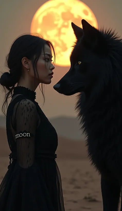 Beautiful Asian Girl , with expressive beautiful grey eyes , dressed in a dark dress with the word &quot;MOON&quot; embroidered on it and everything covered except her eyes, full length shot with a big black wolf next to her , look into each other&#39;s ey...