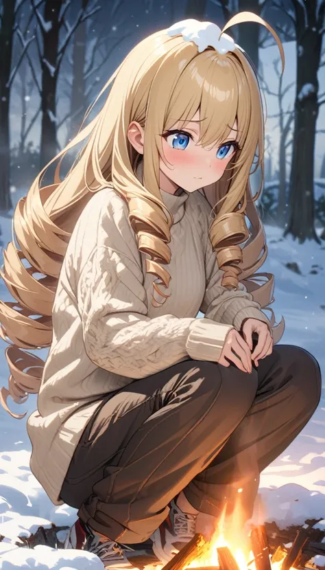 woman、blonde、Long Hair、Drill Hair、Ahoge、blue eyes、Tree Eyes、Details、A fragile face、Snow on head、A tattered cream-colored sweater、Auburn sportswear long trousers、squat、With both hands on a small bonfire、、Snowy grassland background、anime、、Best Quality、master...