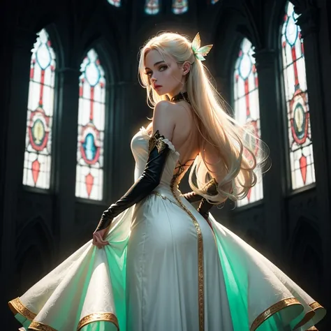 evening gothic city with houses made of glossy white marble and against their background a beautiful girl of 20 years old with blond hair, complex Venetian carnival hairstyle, with white pale skin glowing with a slightly otherworldly light, light green eye...