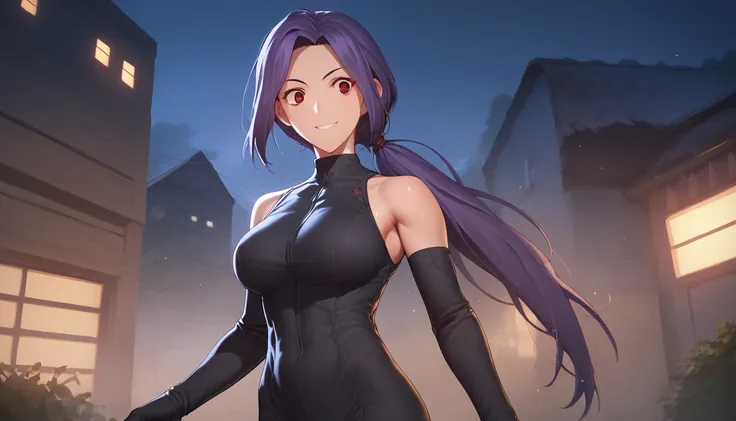 Score_9, Score_8_up, Score_7_up, One Girl, Hirokazu Koyama ,Sweaty,sexy,Pixel Perfect,Large Breasts,Anatomically correct, Masterpiece Highly detailed,8k,indoor,(Fits your body,Rider Suit,Sleeveless,Thin fabric),, Red eyes, ( Long Hair, Purple Hair, Parted ...