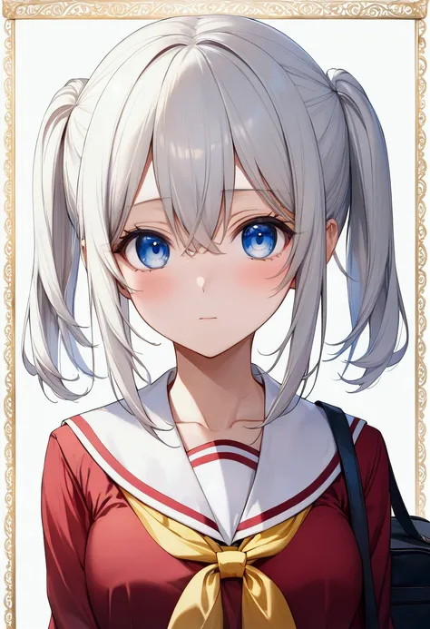 2girls,anime style,åå©å¥ç»ª,long hair,two side up,white hair,blue eyes,hair between eyes,
school uniform,serafuku,red skirt,pleated skirt,bag,yellow neckerchief,red shirt,collarbone,long sleeves,frown,portrait,face_focus,, (masterpiece:1,2), best quali...