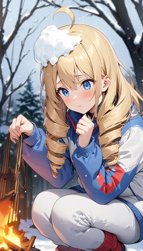 woman、blonde、Long Hair、Drill Hair、Ahoge、blue eyes、Tree Eyes、Details、A fragile face、Snow on head、Worn outのクリーム色のセーター、Auburn sportswear long trousers、squat、With both hands on a small bonfire、、Snowy grassland background、anime、、Best Quality、masterpiece、Detaile...