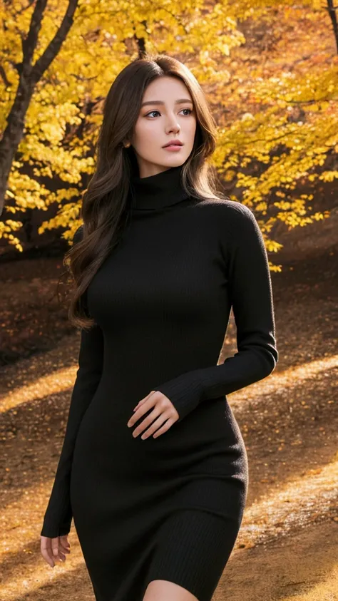 A beautiful woman walking in an autumn landscape, long hair, looking away, wearing a black turtleneck sweater dress, brown hair, (best quality,4k,8k,highres,masterpiece:1.2),ultra-detailed,(realistic,photorealistic,photo-realistic:1.37),impressionist,close...