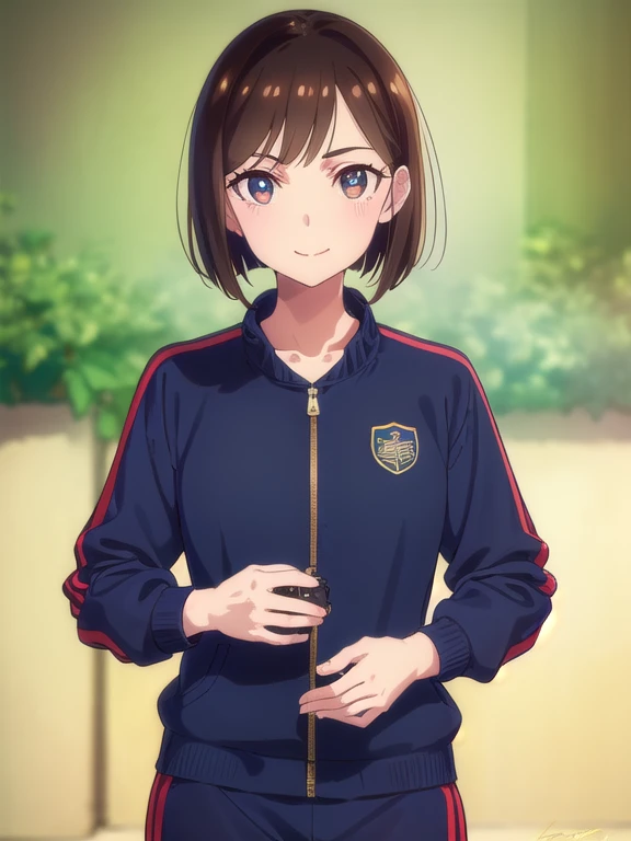 ((navy tracksuit)),((Long Bob:1.5, Shaggy,bangs, Brown Hair)),mizuharachizuru, Chizuru Ichinose, solo woman, smile,(garden),looking at viewer,(Cowboy Shot:1.5),(masterpiece:1.2), Best Quality, High resolution, Unity 8K Wallpaper, (Illustration:0.8), (Beaut...