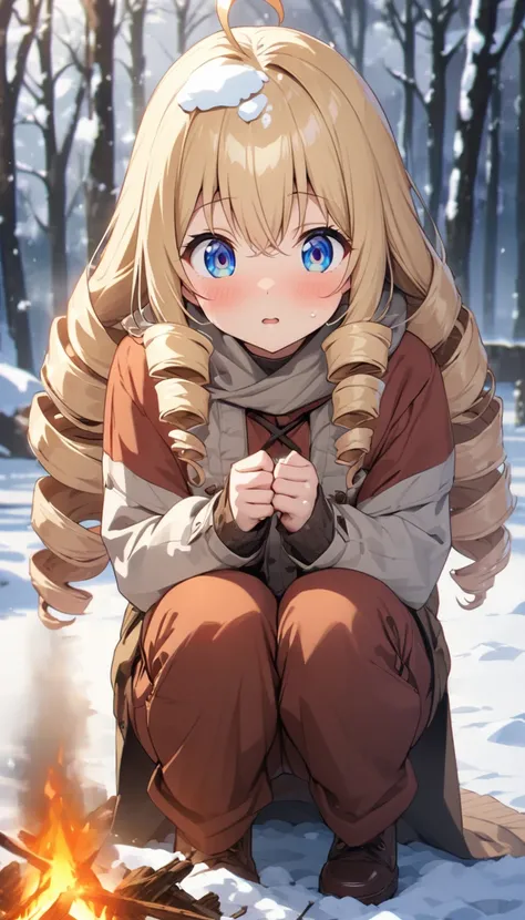 woman、blonde、Long Hair、Drill Hair、Ahoge、blue eyes、Tree Eyes、Details、A fragile face、Snow on head、Worn outのクリーム色のセーター、Reddish brown long trousers、squat、With both hands on a small bonfire、、Snowy grassland background、anime、、Best Quality、masterpiece、Detailed De...