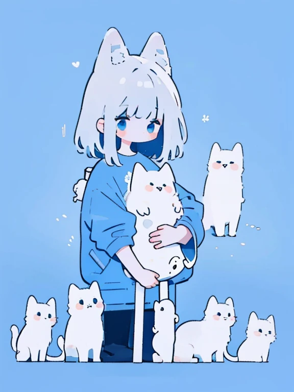 Cute cat, blue tone, girl with long, straight, silver hair, has bangs.