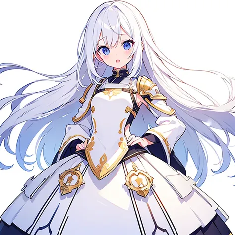 (Pure white background)、Mouth open、tachi-e、Standing still、Hands behind back、Long white hair、Visible eye highlights、Wearing armor