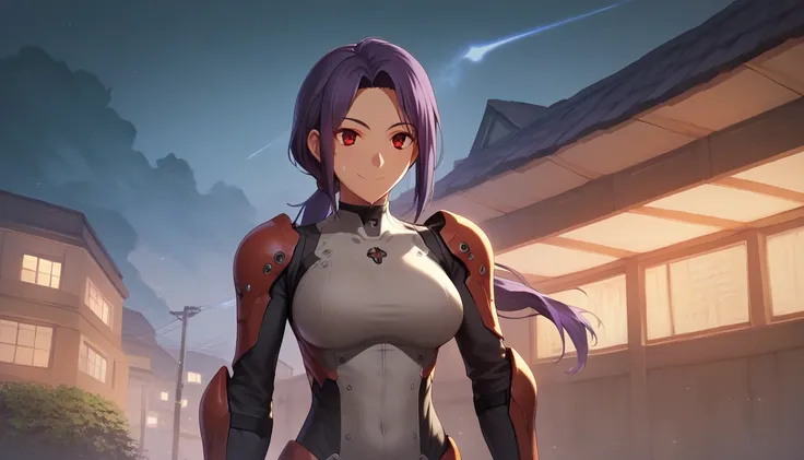 Score_9, Score_8_up, Score_7_up, One Girl, Hirokazu Koyama ,Sweaty,sexy,Pixel Perfect,Large Breasts,Anatomically correct, Masterpiece Highly detailed,8k,indoor,(Fits your body,Rider Suit,Sleeveless,),, Red eyes, ( Long Hair, Purple Hair, Parted bangs,Low P...