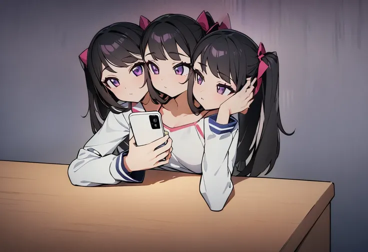 (masterpiece, best quality), best resolution, 16k, close-up, three heads, A girl sitting at a table, looking at smartphone, clean manga outlines, thick and thin lines, perfect line thickness, exposed anime style, black hair, purple eyes, boring, focus, bac...