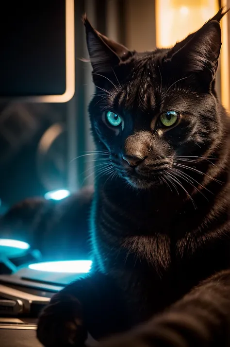 a close-up portrait of a big black cat, futuristic sci-fi environment, the lynx is eating a pizza and drinking coca-cola, cinematic composition, vibrant colors, hyper-detailed, photorealistic, 8k, masterpiece, detailed fur, intense eyes, sharp teeth, detai...