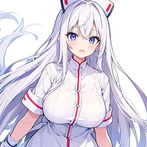 (Pure white background)、Mouth open、tachi-e、Standing still、Hands behind back、Long white hair、Visible eye highlights、nurse、Large Breasts